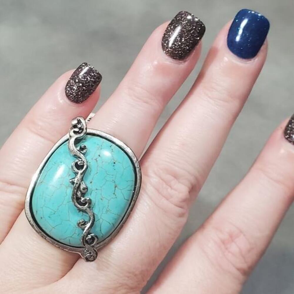 Large faux turquoise silver tube‎ tone